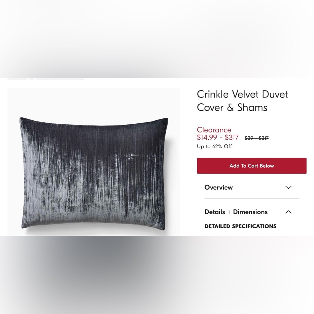 Set of two West Elm crinkle velvet standard shams. NWT